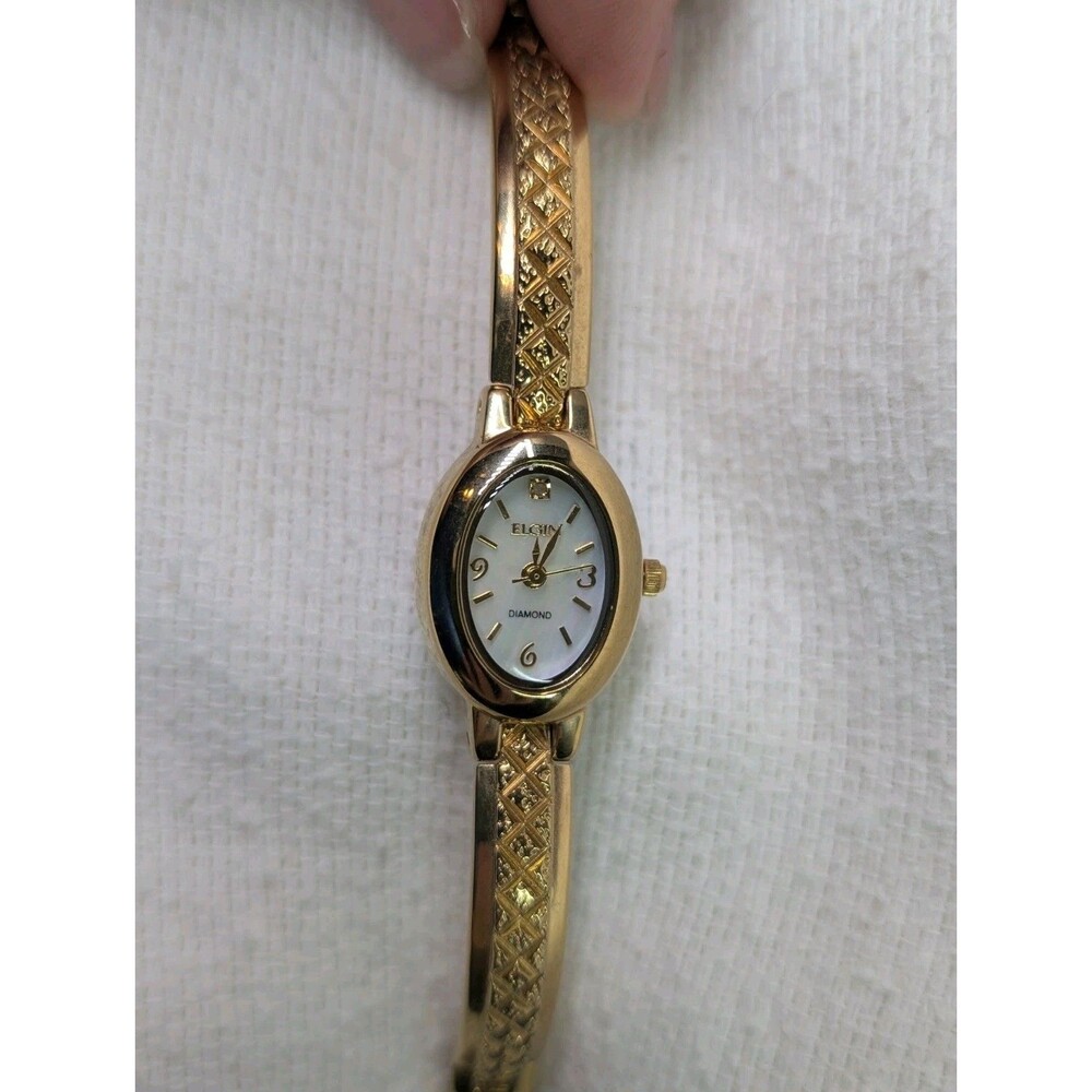 Elgin EG8074 Diamond Cut Half Bangle Watch MOP Dial Gold Tone - UNTESTED